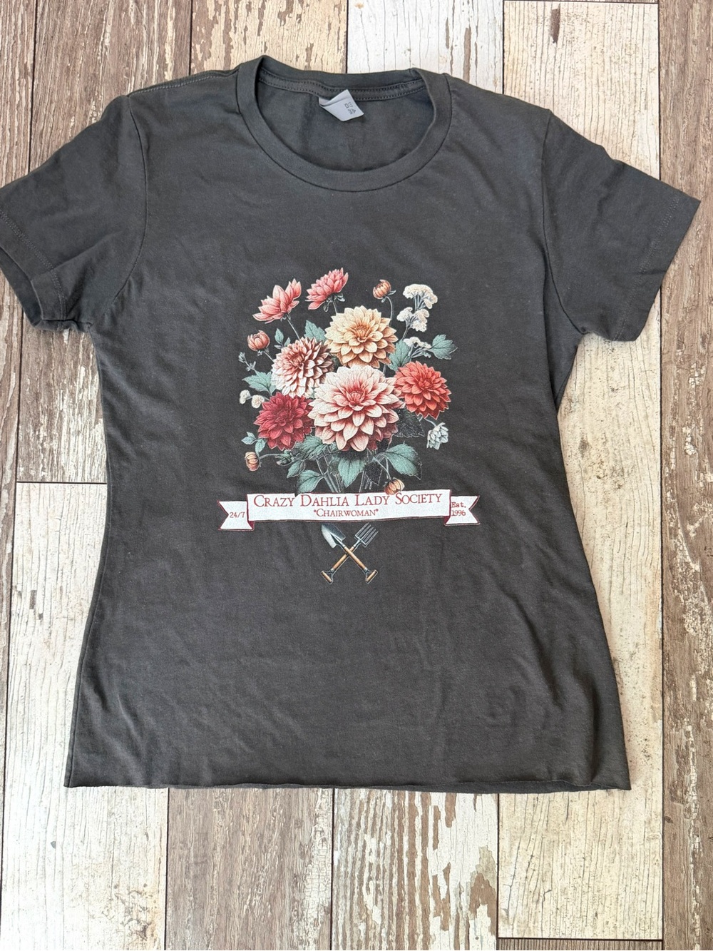 Crazy Dahlia Lady Society NextLevel Sm Fade Charcoal Tee Gardening Humor raw hem